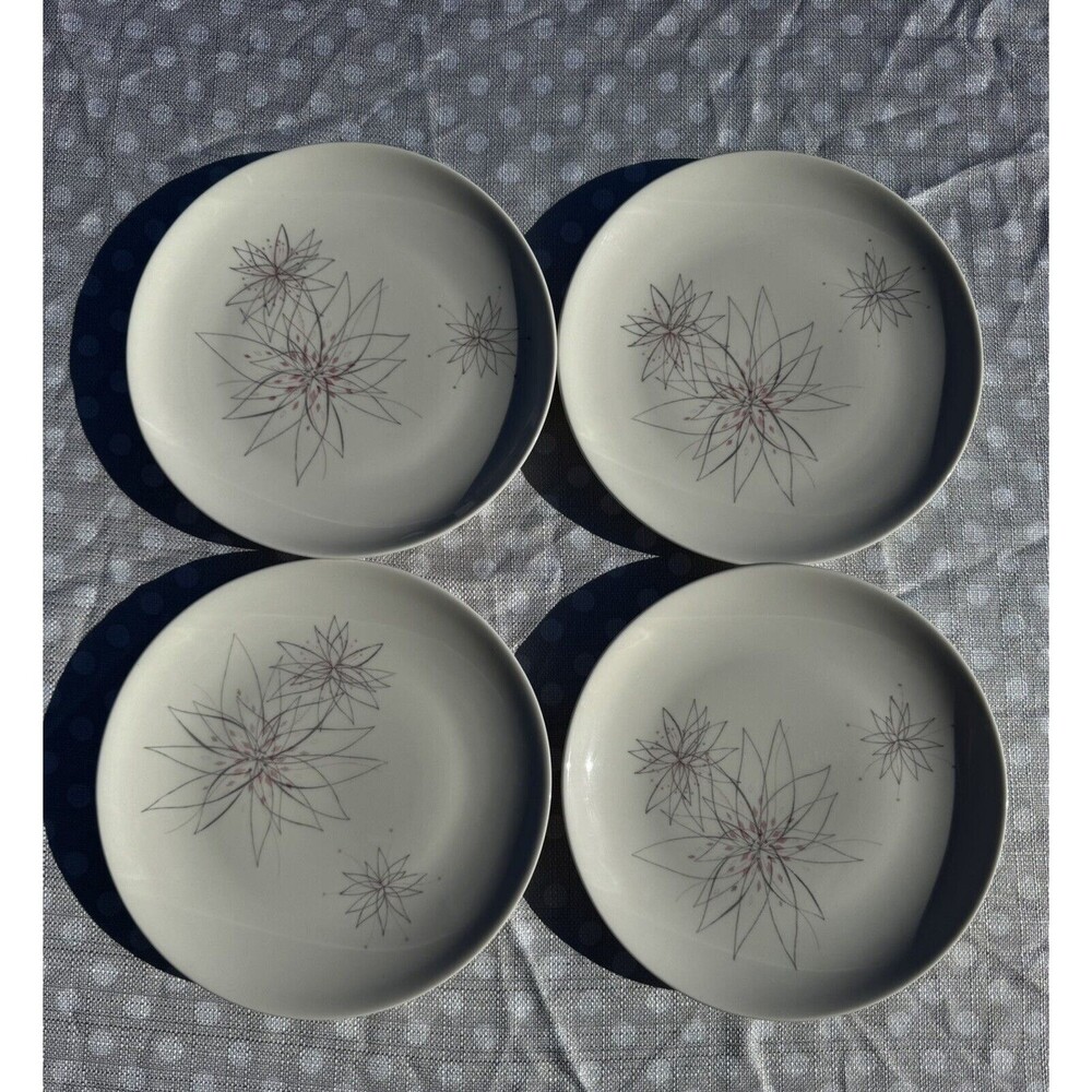 MCM Caribe Pink Fancy Atomic Starburst Dinner Plates Set of 4 White Gray 10 Inch
